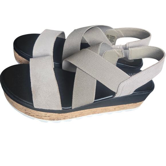 Sorel Sandal US 8.5 Cameron Stretch Leather Strappy Cork Wedge Tan Black Preppy - Picture 4 of 8